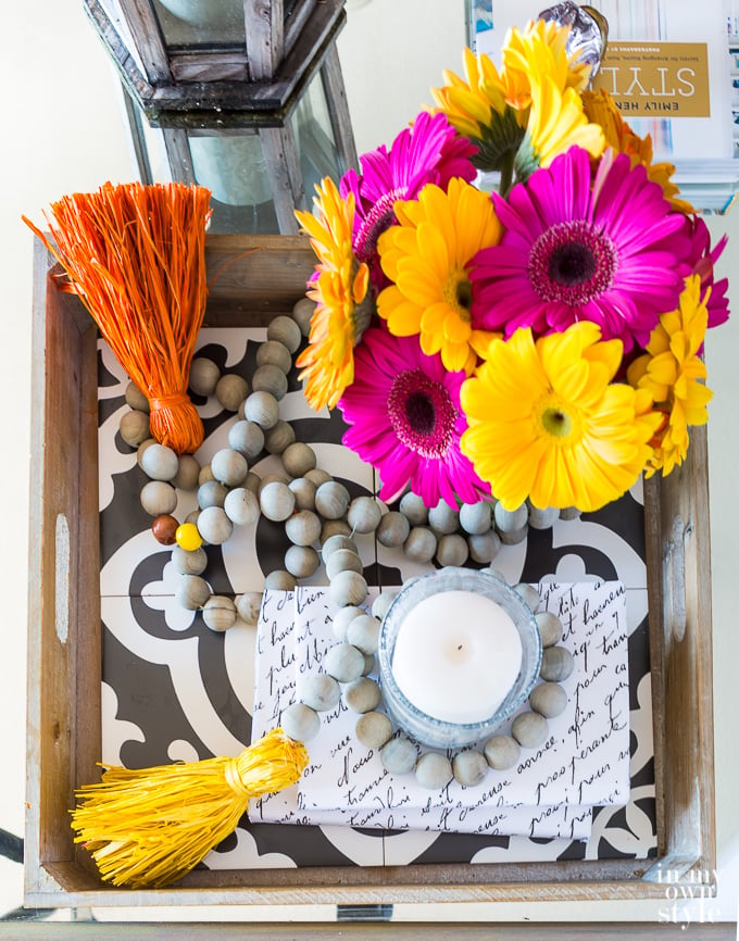 How to style a table tray for fall decorating raffia tassels