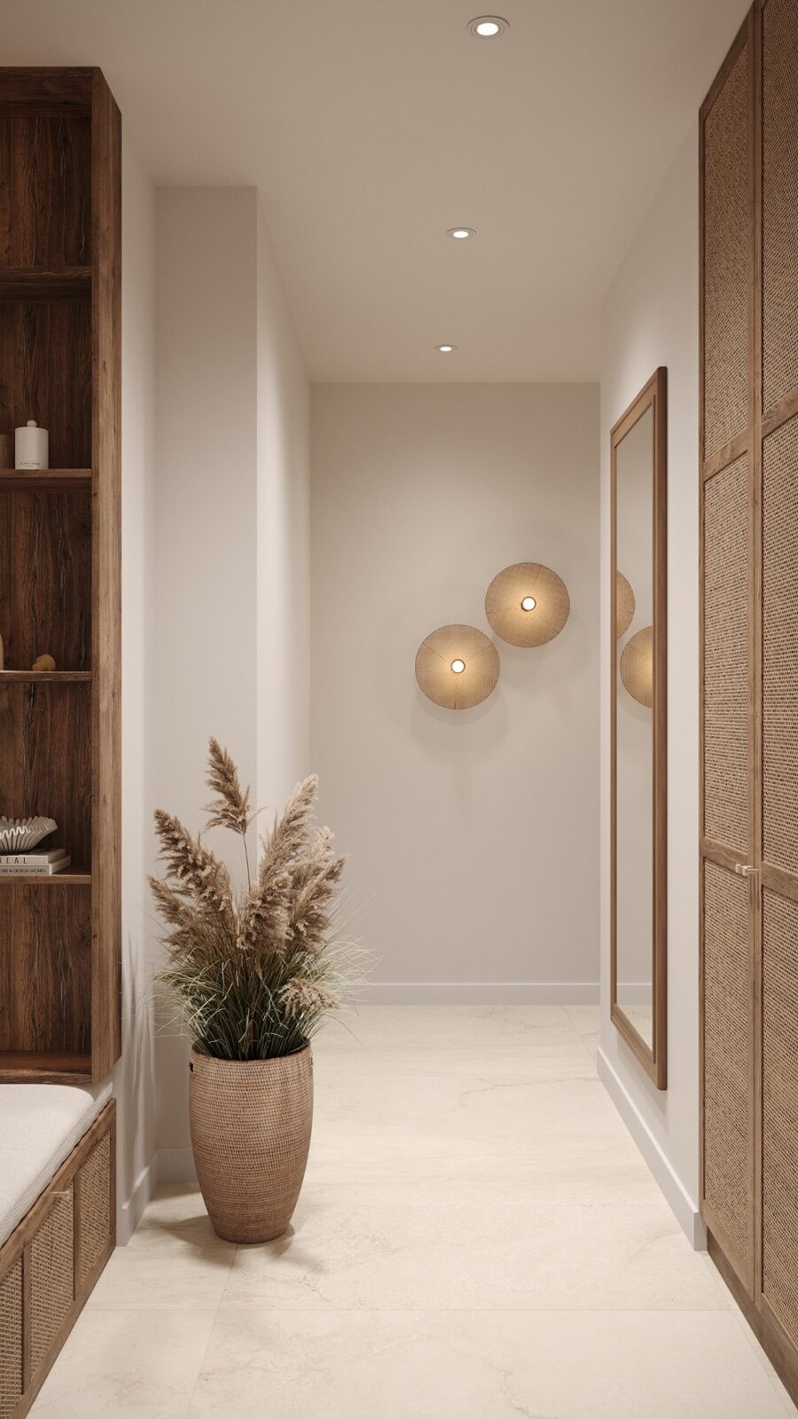 minimalist hallway with brown accents