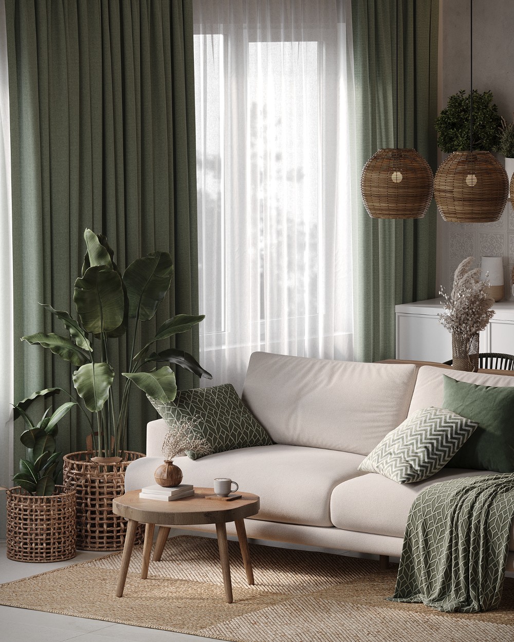 olive green and white living area