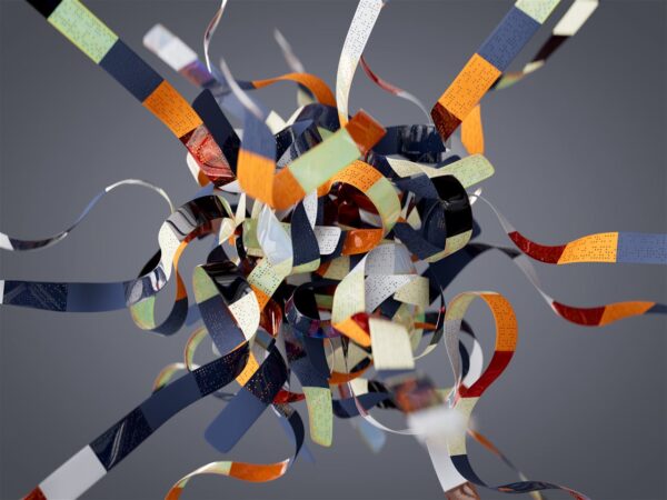 Colorful 3D ribbons swirl in a dynamic, abstract digital art composition.