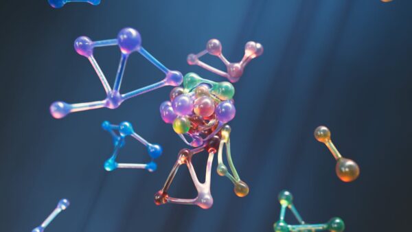 Colorful abstract representation of molecular structures with 3D spheres and connections.