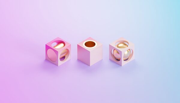 Abstract 3D render of pastel cubes containing metallic spheres on a soft gradient background.