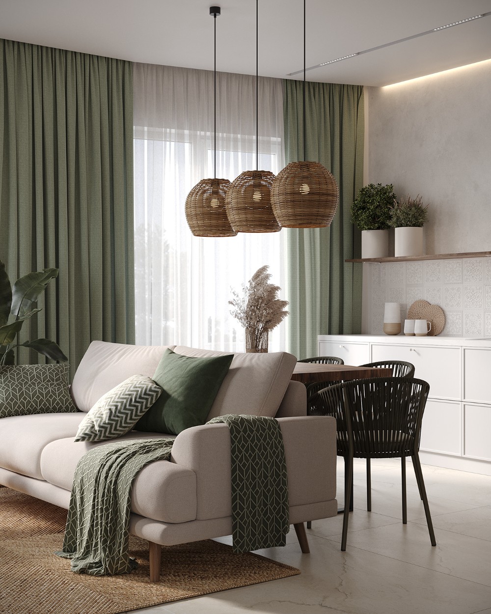 sofa and wooden dining