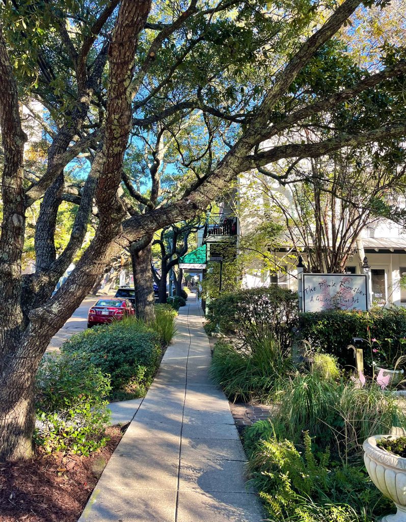 Narrow Sidewalk In Cute Downtown Shopping Area of Ocean Springs Mississippi