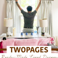 Man hanging drapes in front of a window. Text says: Twopages ready-made lined drapery review.